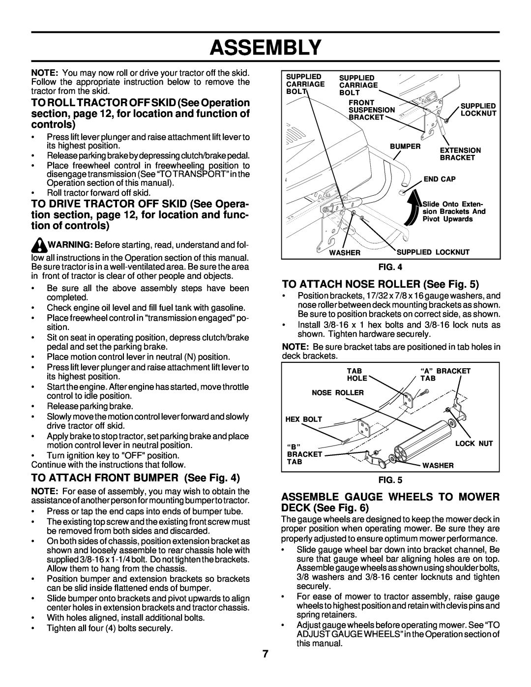 Husqvarna GTH225 owner manual TO ATTACH FRONT BUMPER See Fig, TO ATTACH NOSE ROLLER See Fig, Assembly 