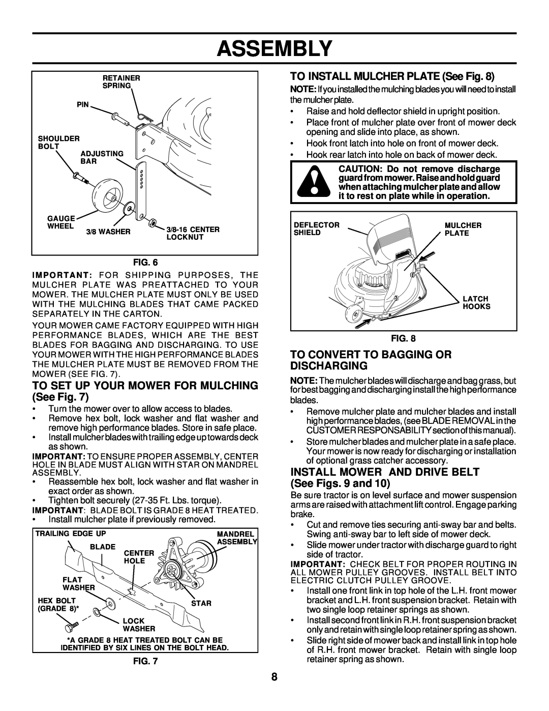 Husqvarna GTH225 owner manual TO SET UP YOUR MOWER FOR MULCHING See Fig, TO INSTALL MULCHER PLATE See Fig, Assembly 