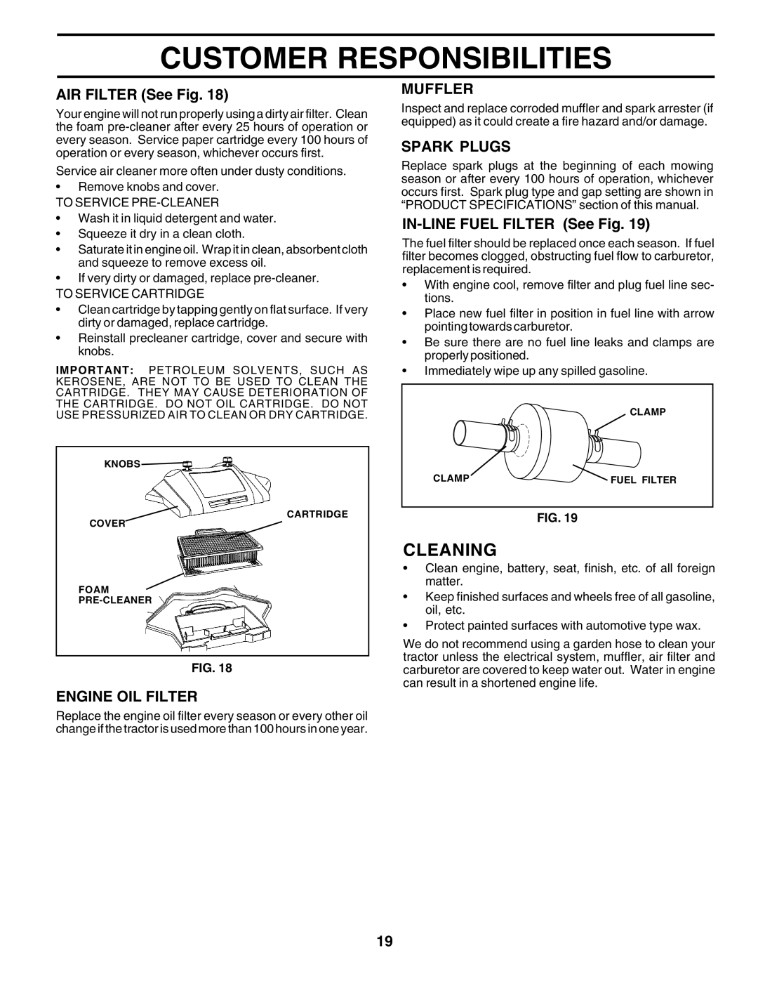 Husqvarna GTH2250 owner manual Cleaning, Engine OIL Filter, Muffler, Spark Plugs 