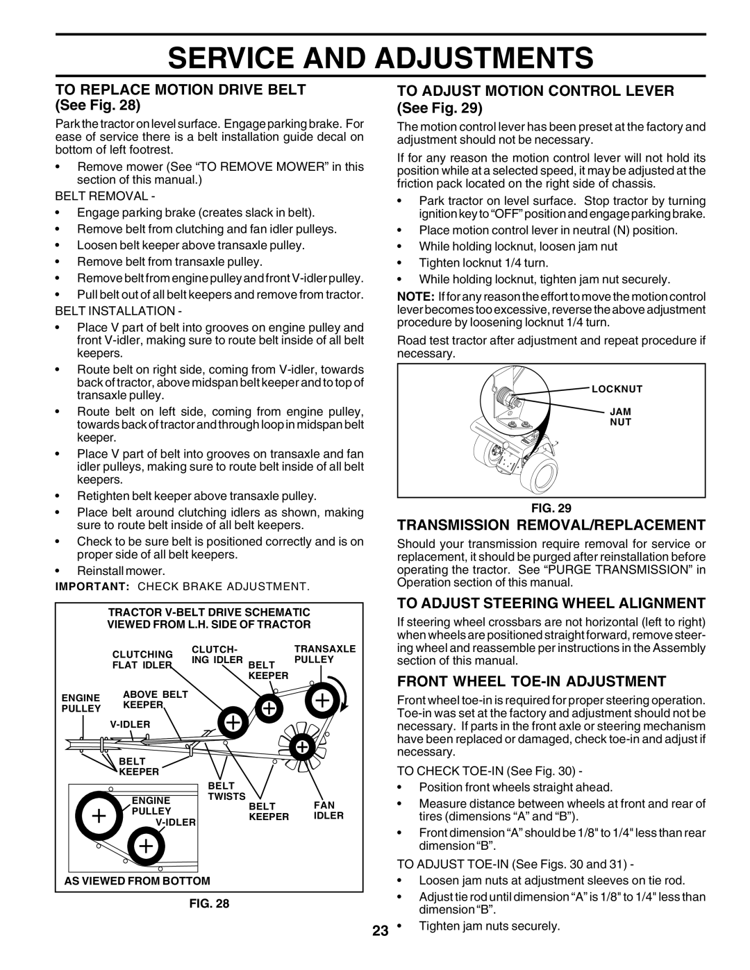 Husqvarna GTH2250 owner manual To Replace Motion Drive Belt See Fig, To Adjust Motion Control Lever See Fig 