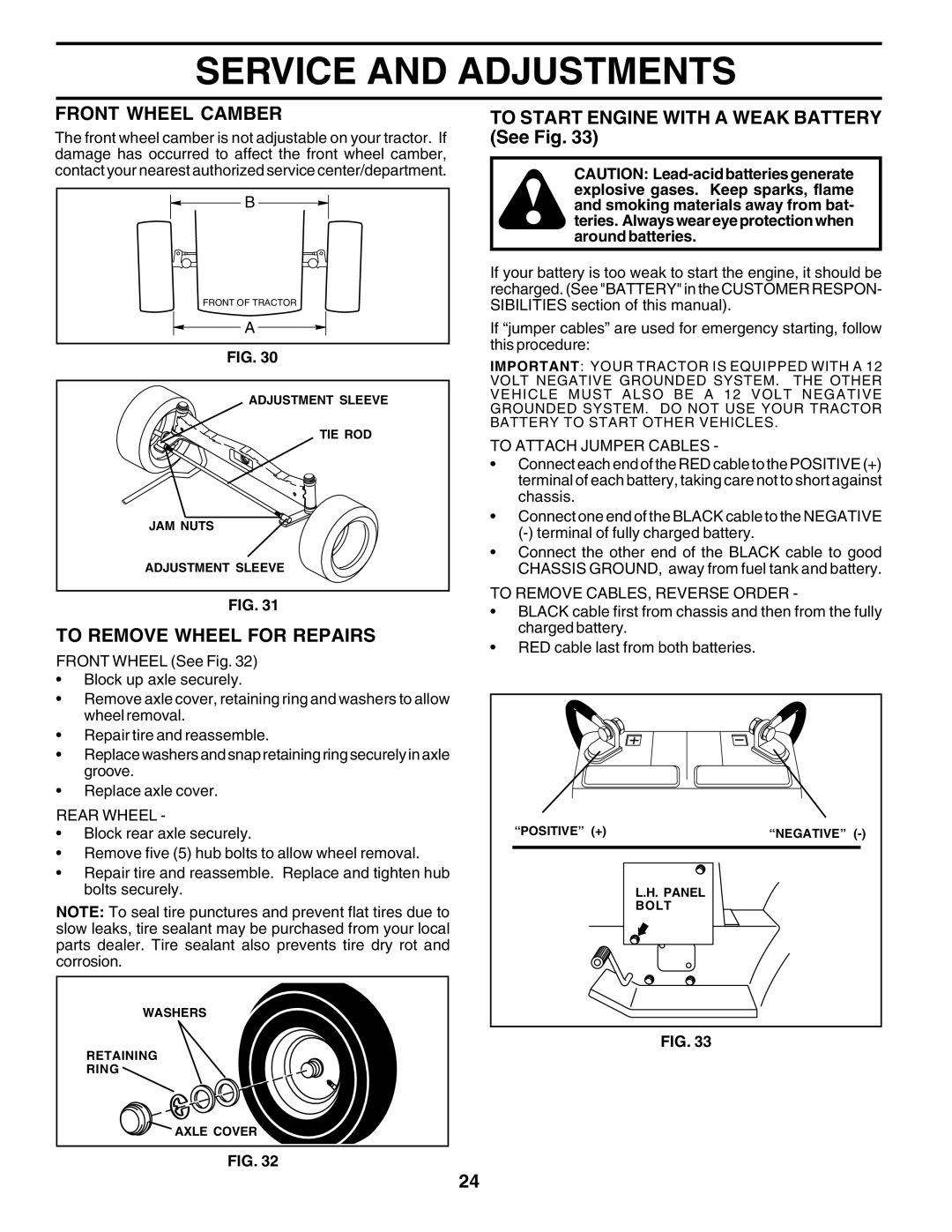 Husqvarna GTH2250 owner manual Front Wheel Camber, To Remove Wheel for Repairs, To Start Engine with a Weak Battery See Fig 