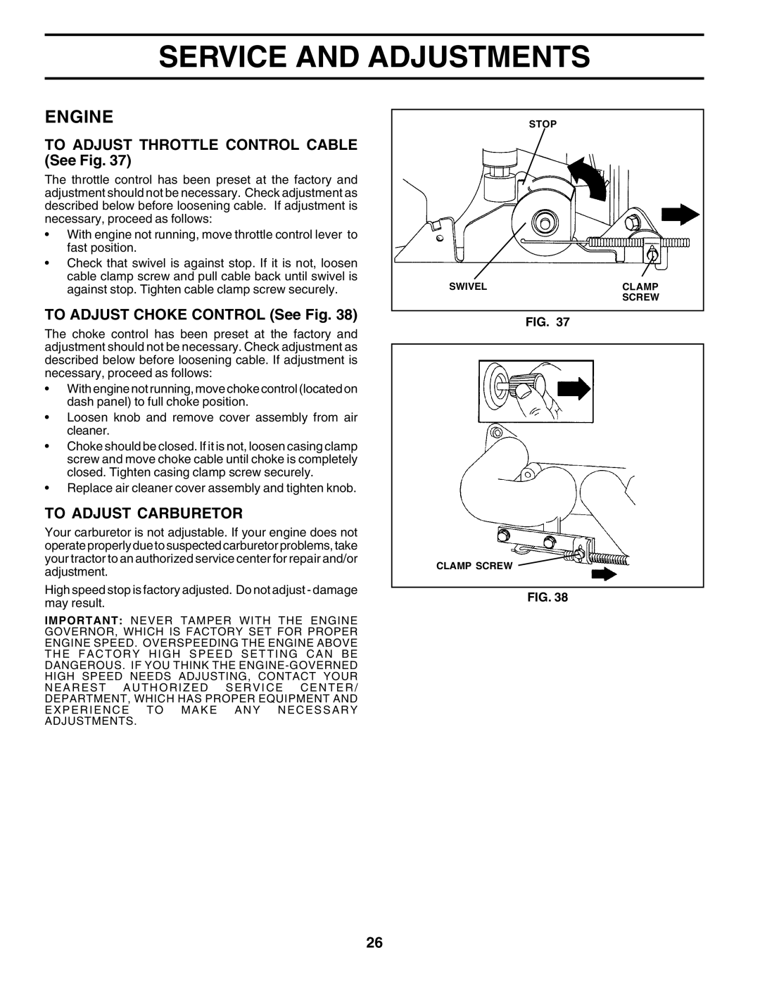 Husqvarna GTH2250 To Adjust Throttle Control Cable See Fig, To Adjust Choke Control See Fig, To Adjust Carburetor 