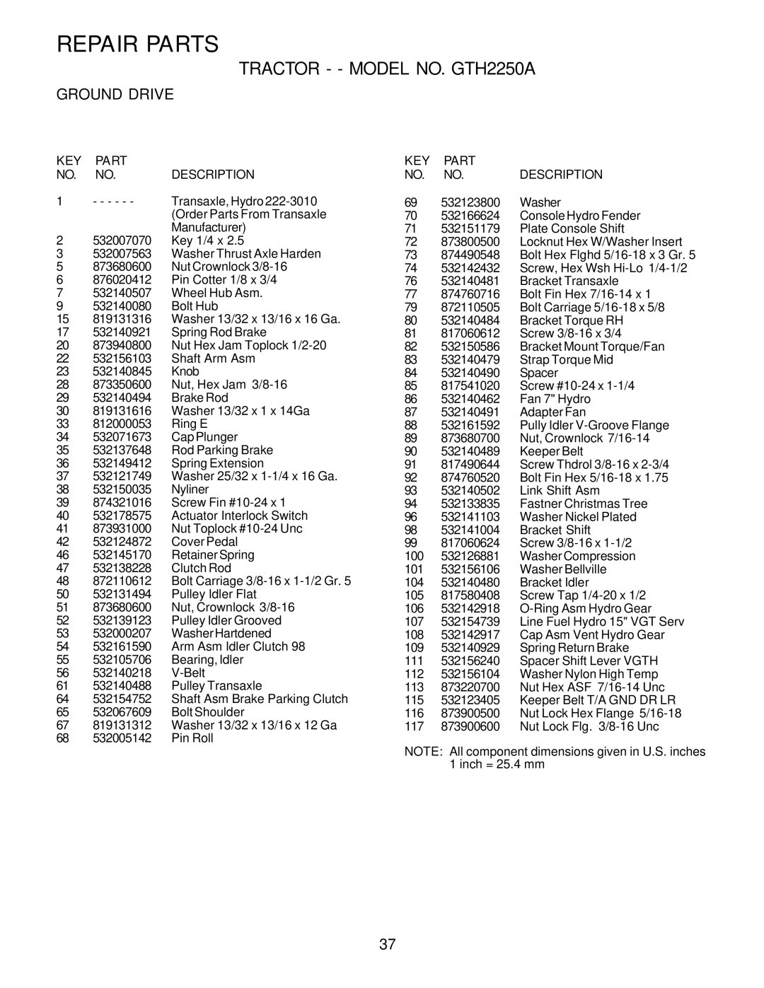 Husqvarna GTH2250 owner manual KEY Part NO. NO. Description 