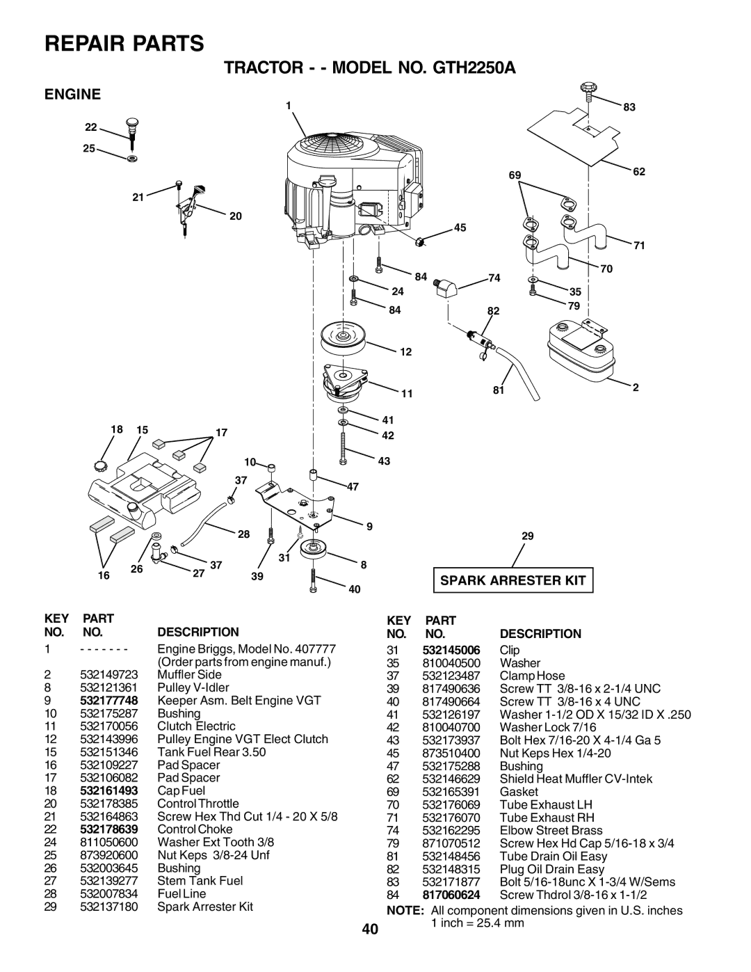 Husqvarna GTH2250 owner manual Engine, Spark Arrester KIT 