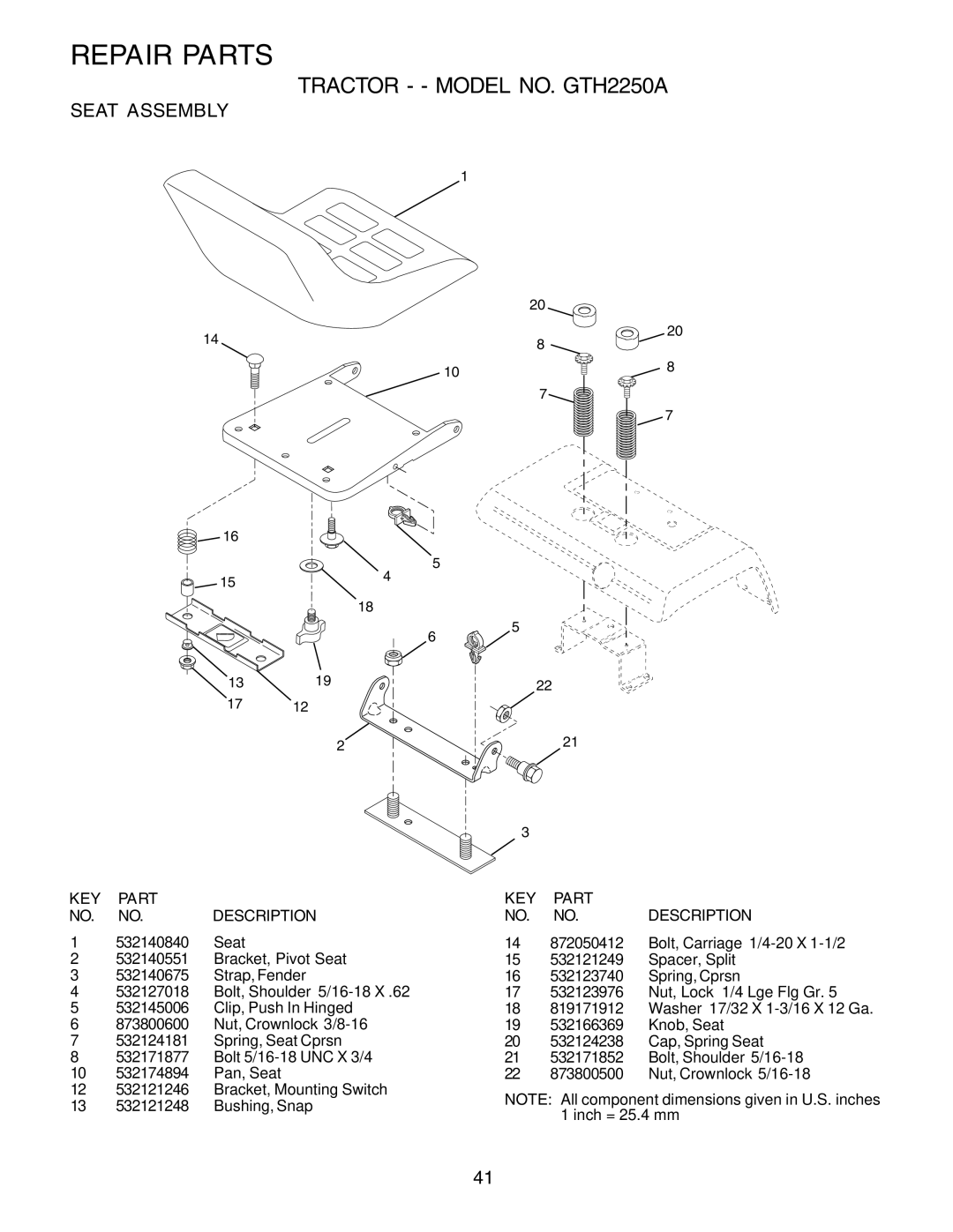 Husqvarna GTH2250 owner manual Seat Assembly 