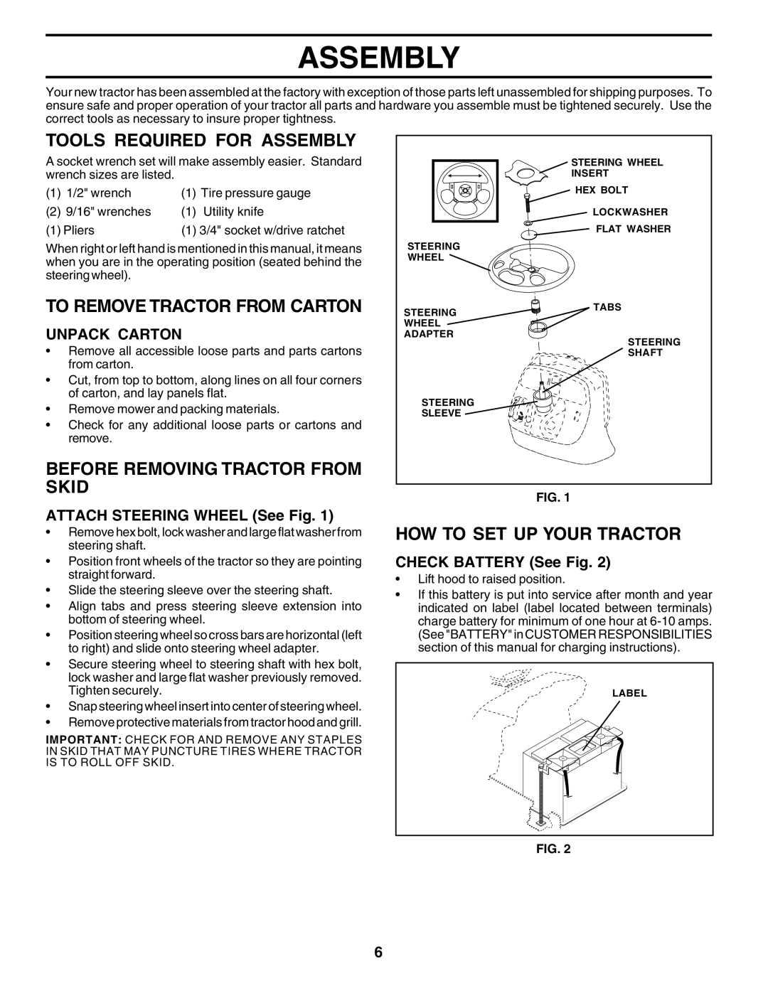 Husqvarna GTH2250 Tools Required for Assembly, To Remove Tractor from Carton, Before Removing Tractor from Skid 