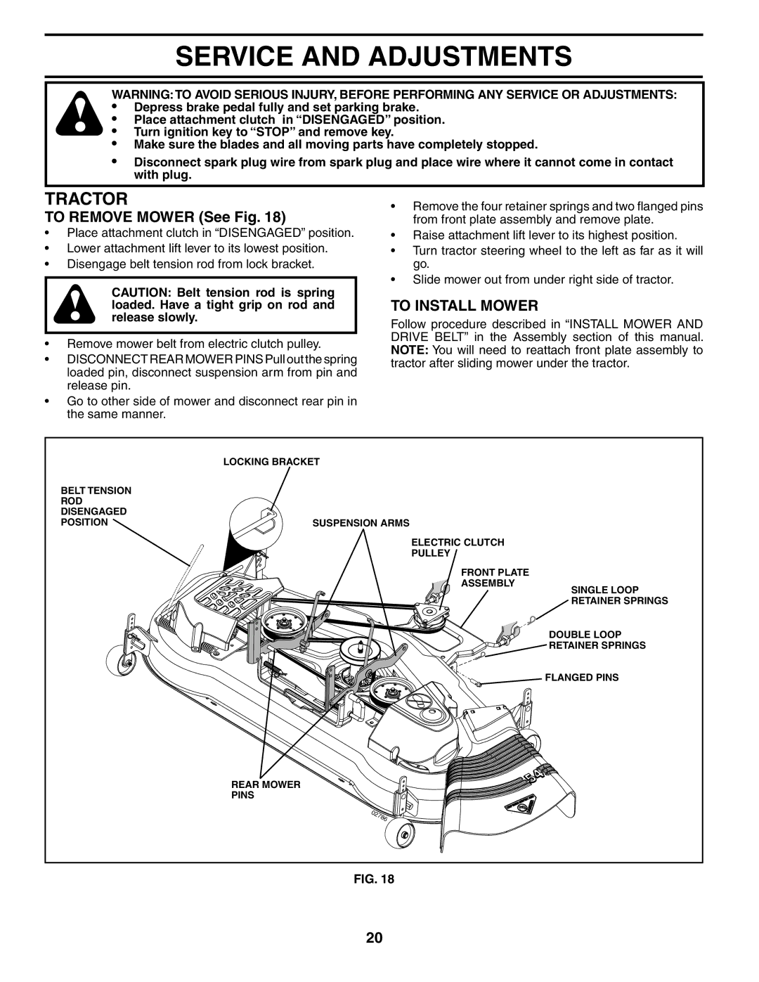 Husqvarna GTH2254XP owner manual Service and Adjustments, To Remove Mower See Fig, To Install Mower 