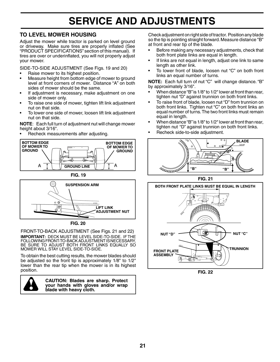 Husqvarna GTH2254XP owner manual To Level Mower Housing, FRONT-TO-BACK Adjustment See Figs 