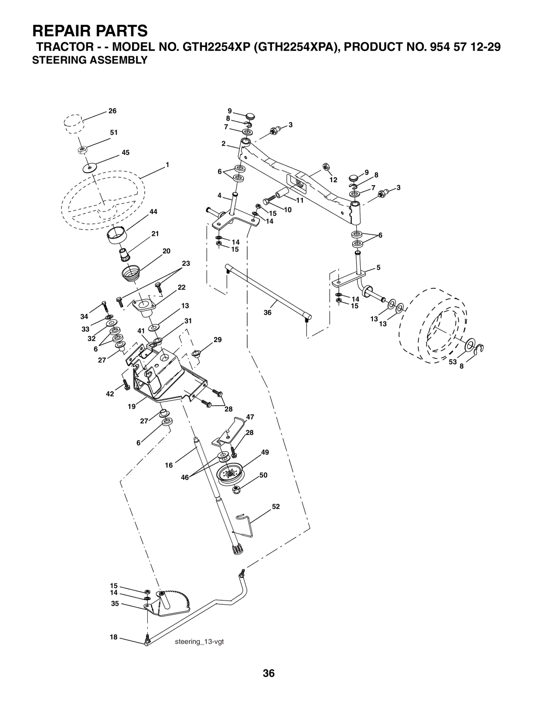 Husqvarna GTH2254XP owner manual Steering Assembly 