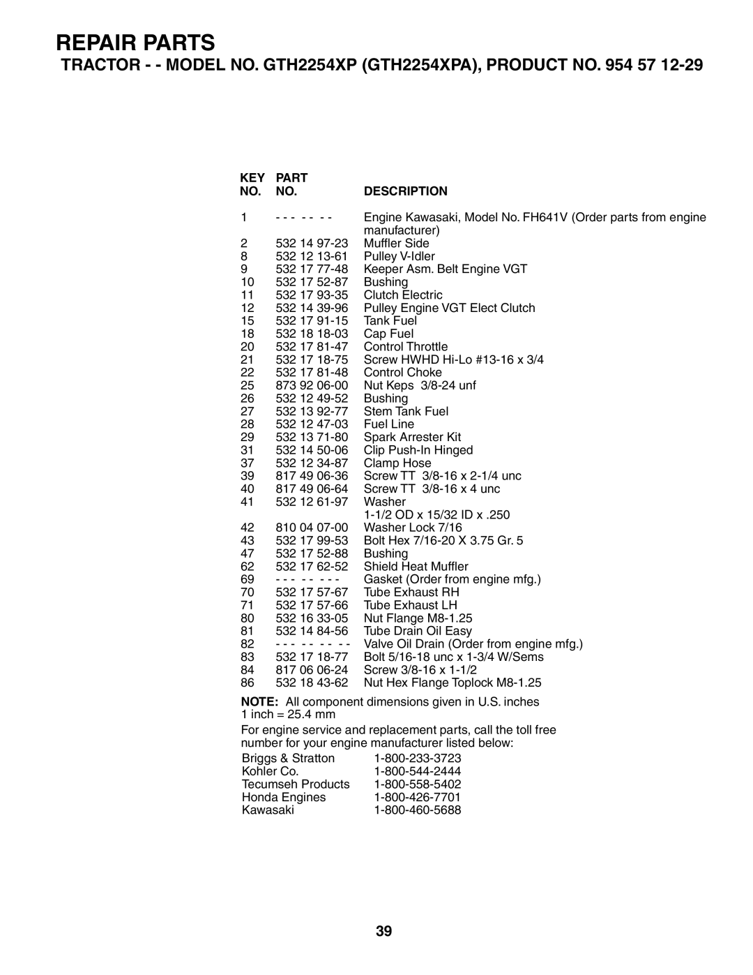 Husqvarna GTH2254XP owner manual Repair Parts 