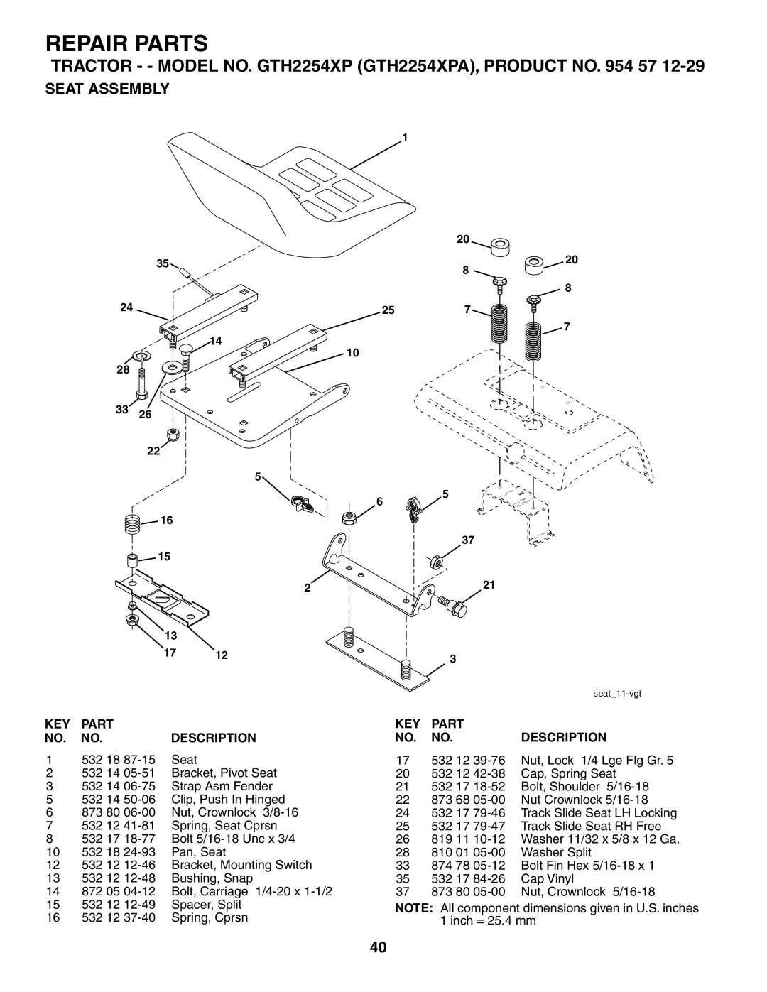 Husqvarna GTH2254XP owner manual Seat Assembly, 532 18 Seat 