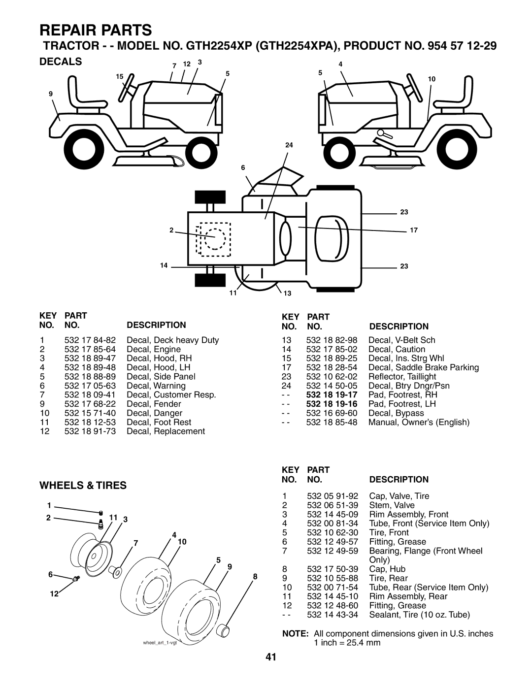 Husqvarna GTH2254XP owner manual Wheels & Tires, Decals 