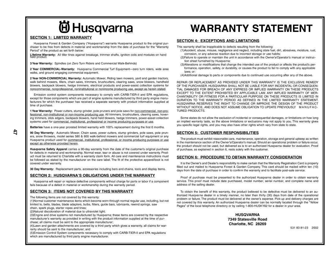 Husqvarna GTH2254XP owner manual Warranty Statement 