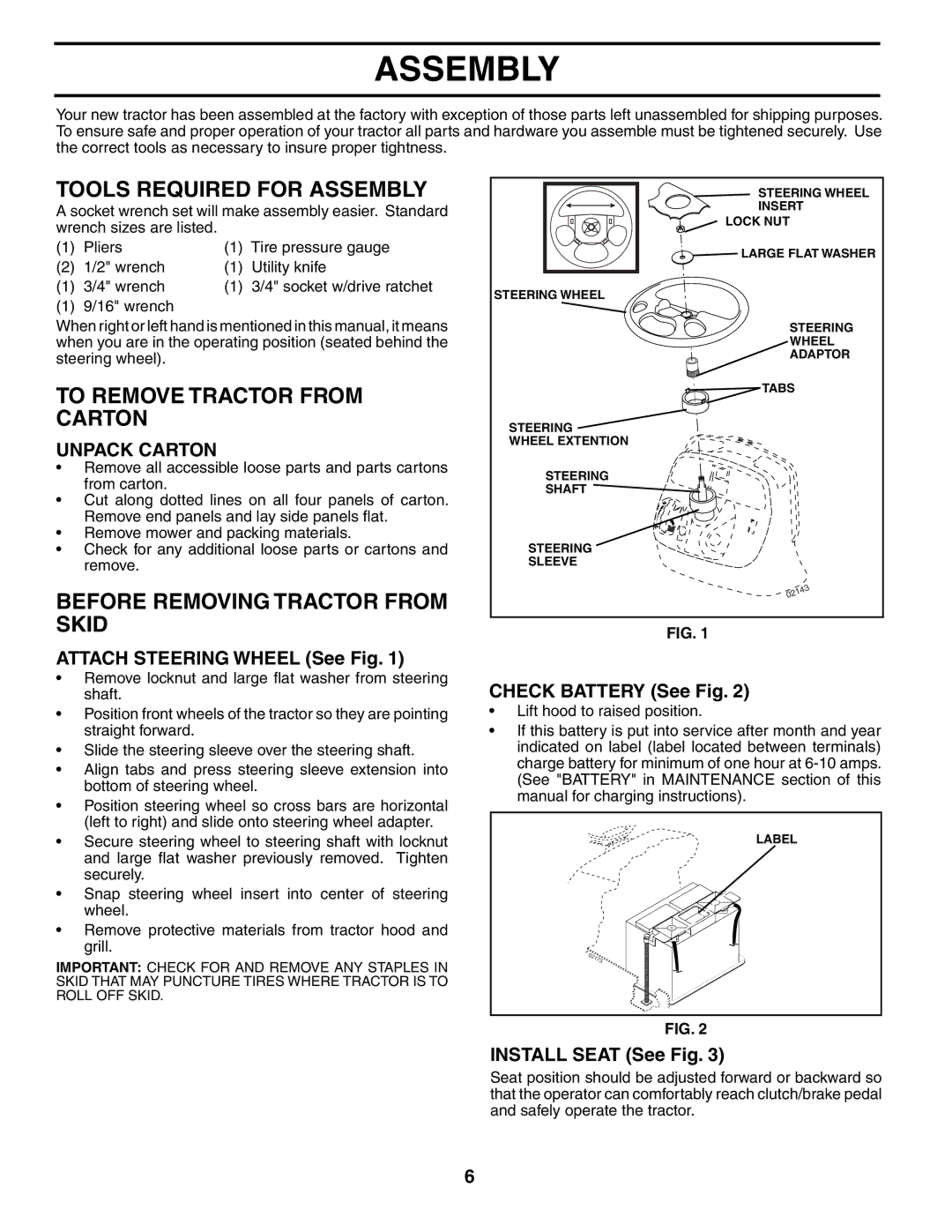 Husqvarna GTH2254XP Tools Required for Assembly, To Remove Tractor from Carton, Before Removing Tractor from Skid 