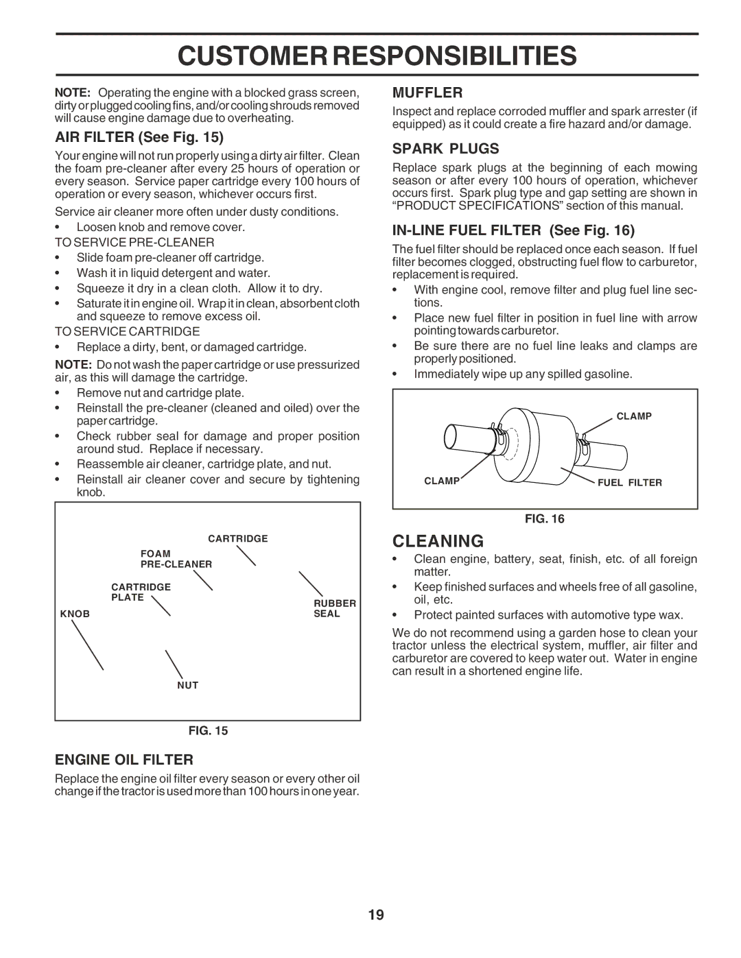 Husqvarna GTH2350 owner manual Cleaning, Engine OIL Filter, Muffler, Spark Plugs 