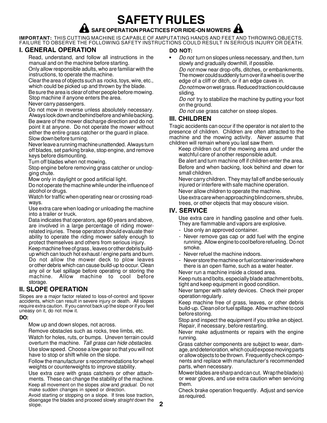 Husqvarna GTH2350 owner manual Safety Rules, General Operation, II. Slope Operation, III. Children, IV. Service 