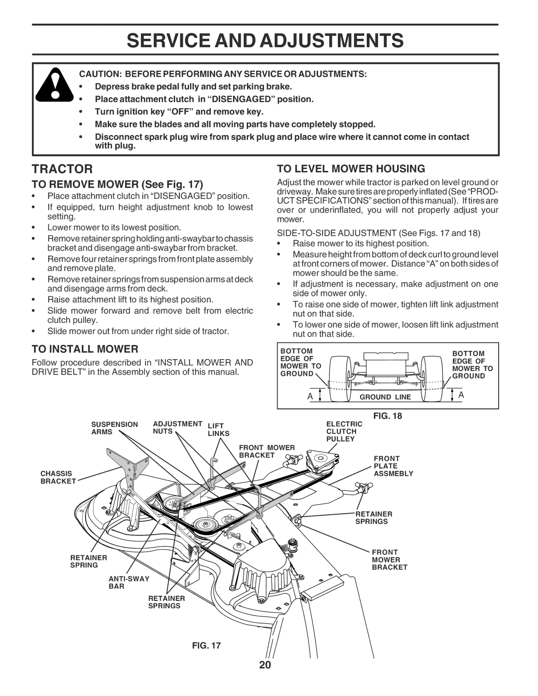 Husqvarna GTH2350 owner manual Service and Adjustments, To Remove Mower See Fig, To Level Mower Housing, To Install Mower 