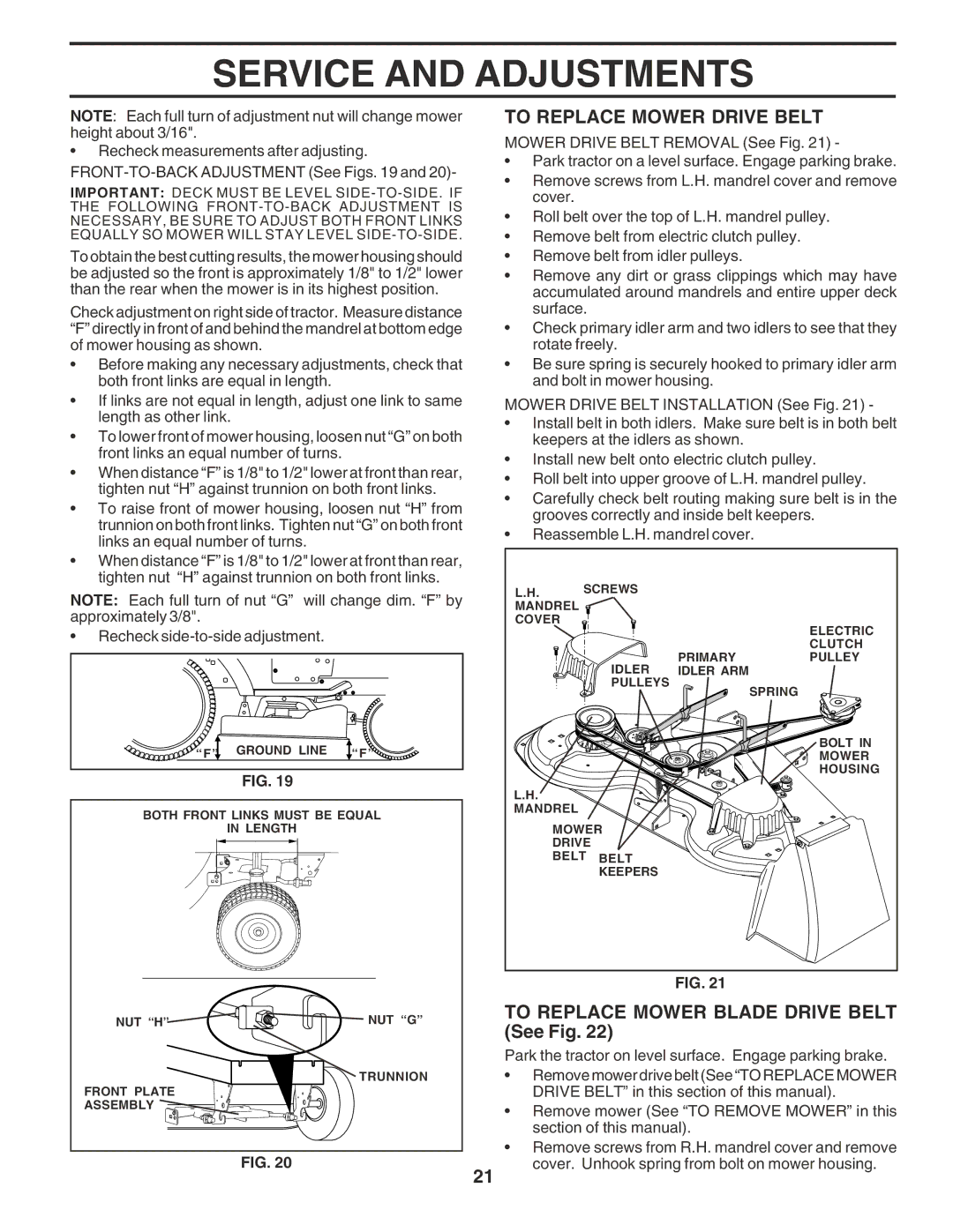 Husqvarna GTH2350 owner manual To Replace Mower Drive Belt, To Replace Mower Blade Drive Belt See Fig 