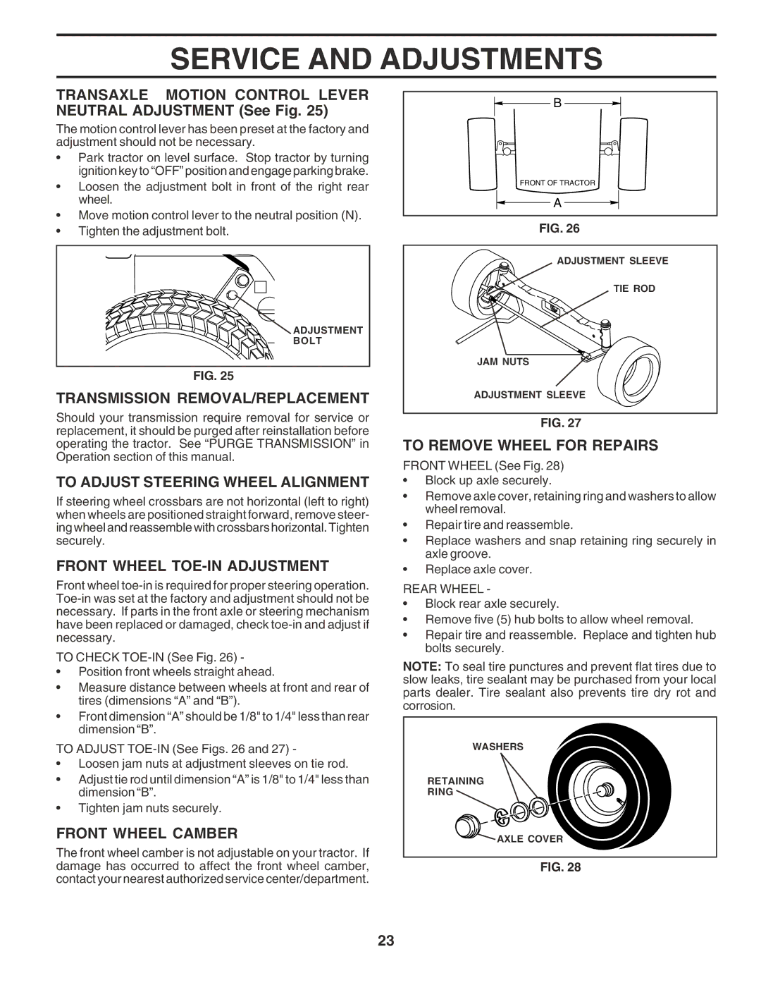 Husqvarna GTH2350 Transmission REMOVAL/REPLACEMENT, To Adjust Steering Wheel Alignment, Front Wheel TOE-IN Adjustment 