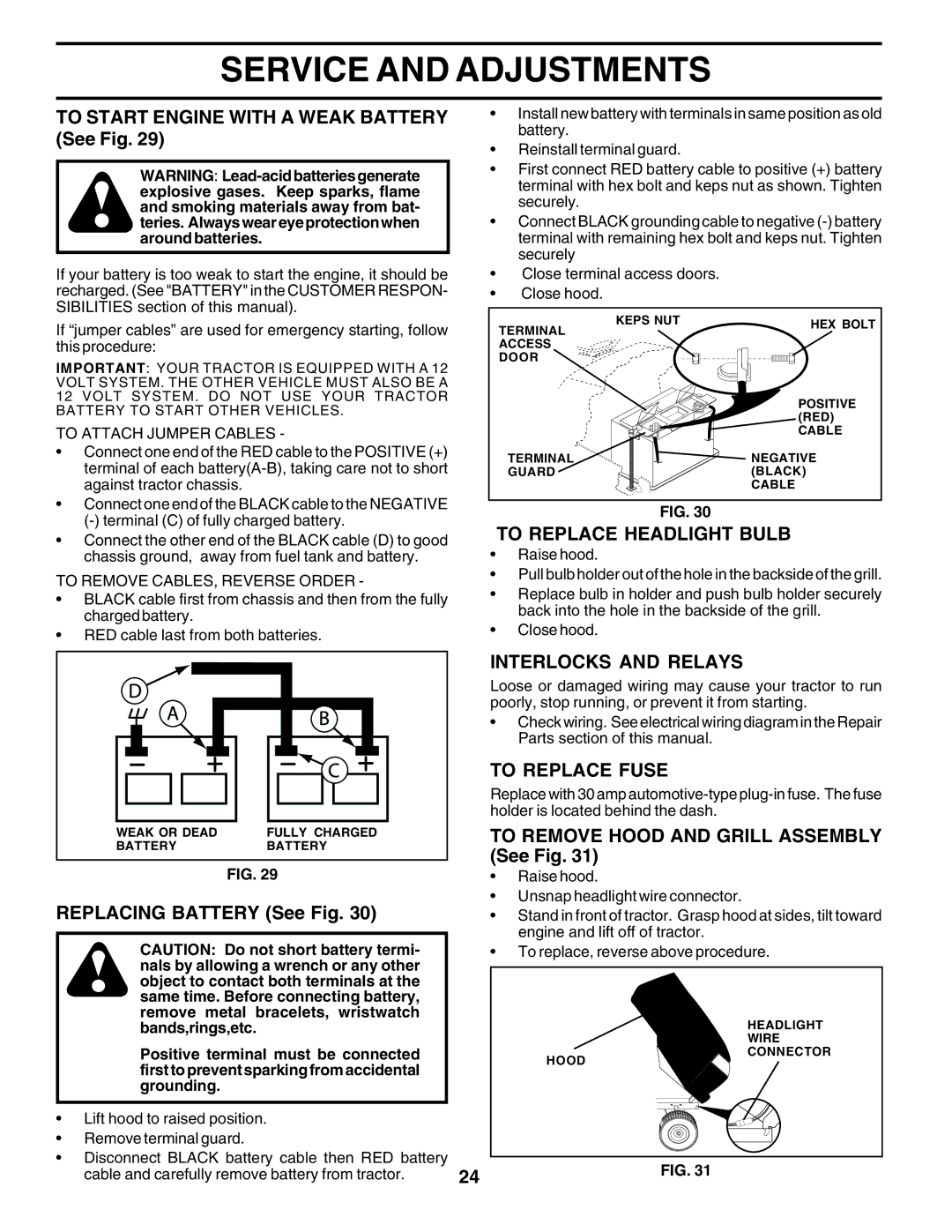 Husqvarna GTH2350 To Start Engine with a Weak Battery See Fig, To Replace Headlight Bulb, Interlocks and Relays 