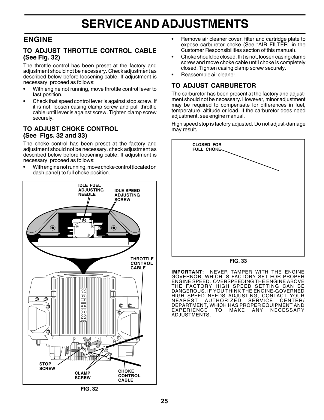 Husqvarna GTH2350 To Adjust Throttle Control Cable See Fig, To Adjust Choke Control See Figs, To Adjust Carburetor 