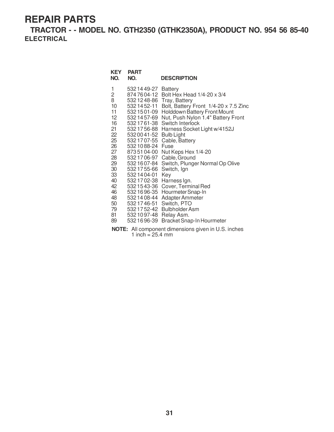 Husqvarna GTH2350 owner manual KEY Part Description 