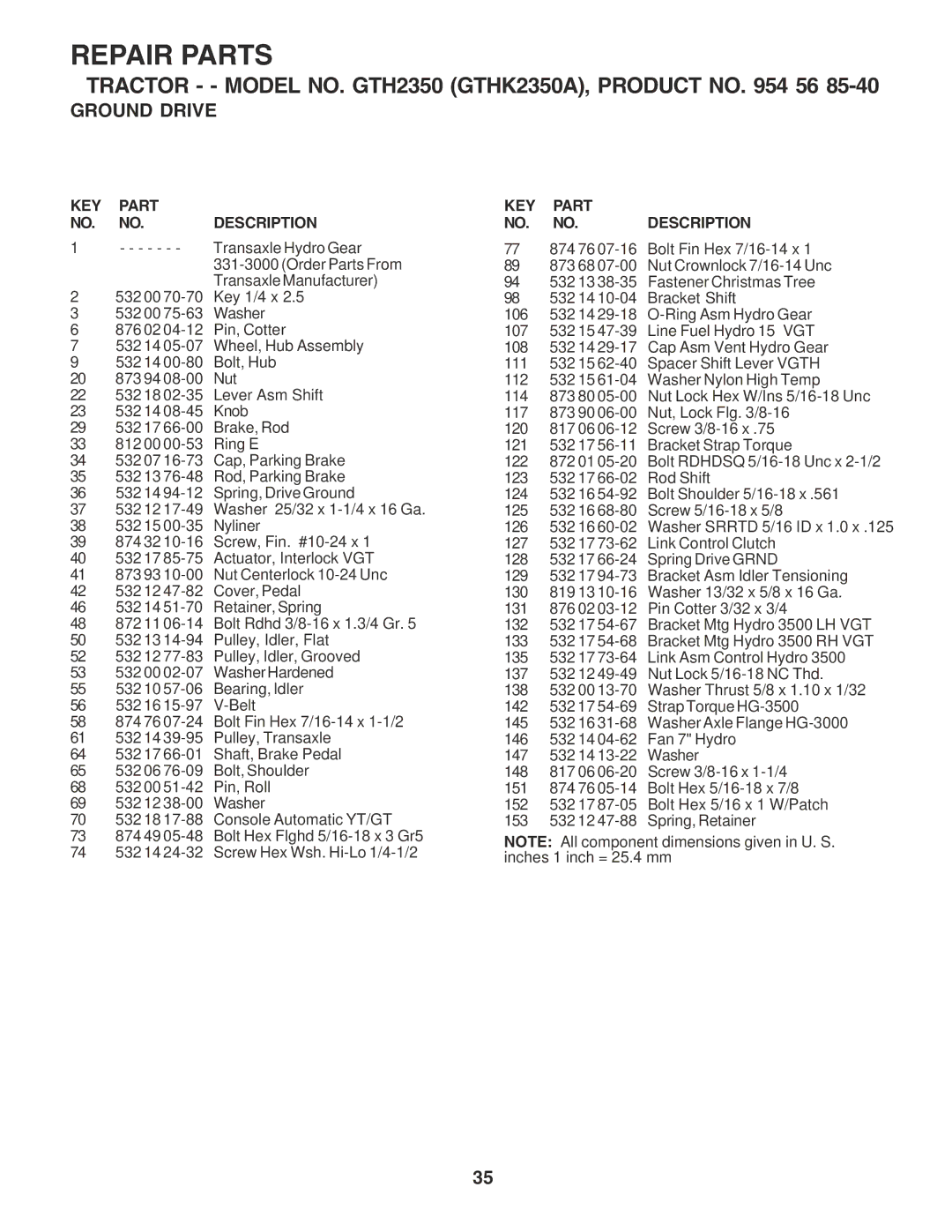 Husqvarna GTH2350 owner manual Transaxle Hydro Gear 