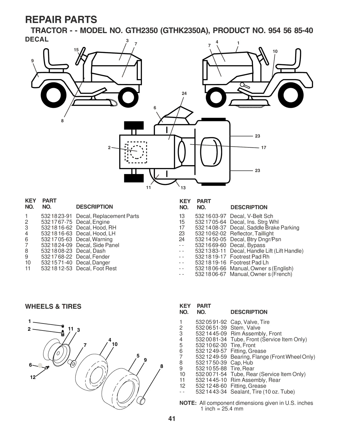 Husqvarna GTH2350 owner manual Decal, Wheels & Tires 