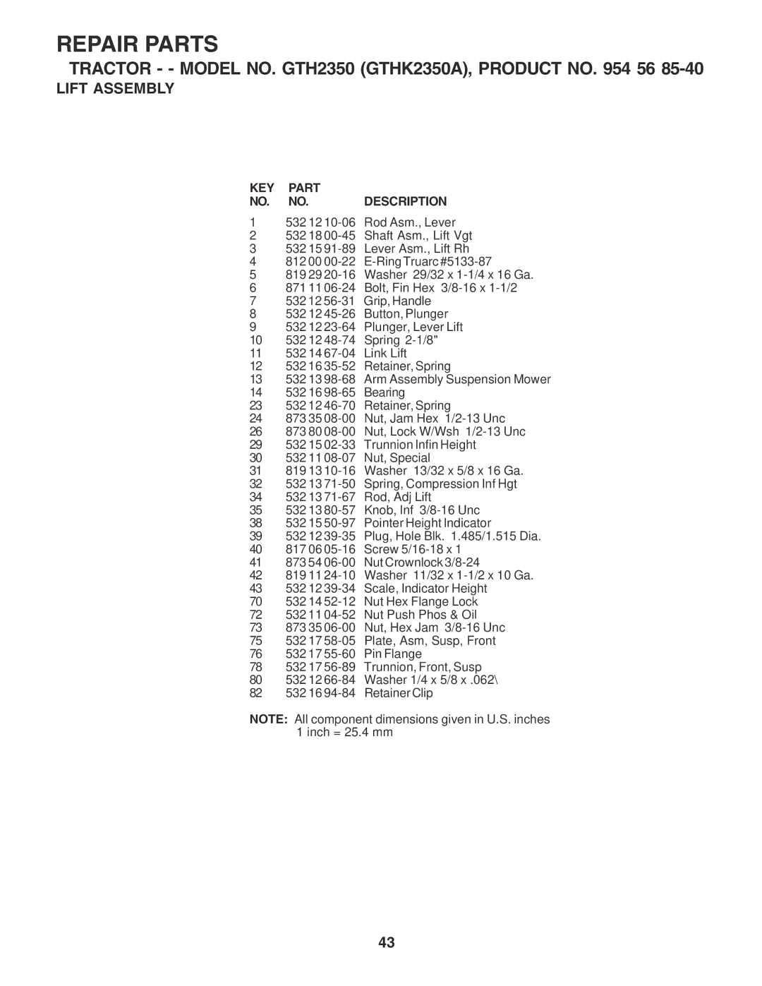 Husqvarna GTH2350 owner manual KEY Part NO. NO. Description 