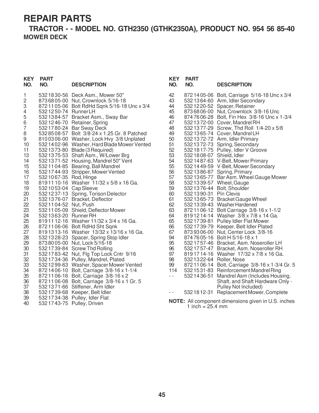 Husqvarna GTH2350 owner manual KEY Part Description 