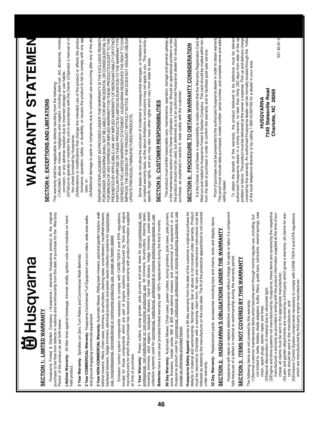 Husqvarna GTH2350 owner manual Warranty Statement 