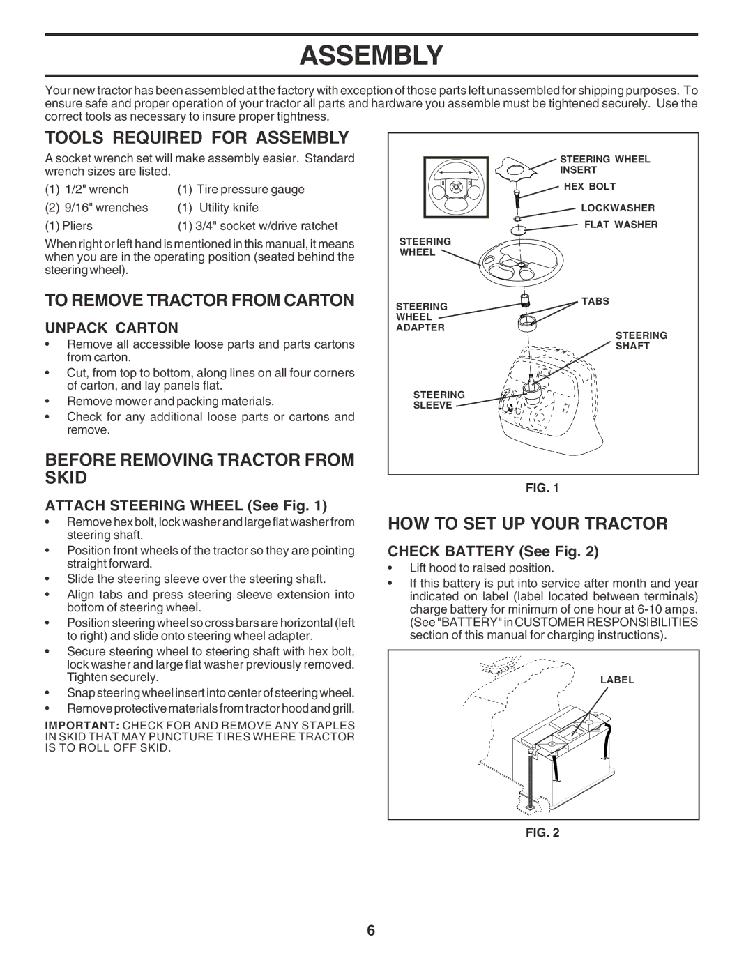 Husqvarna GTH2350 Tools Required for Assembly, To Remove Tractor from Carton, Before Removing Tractor from Skid 