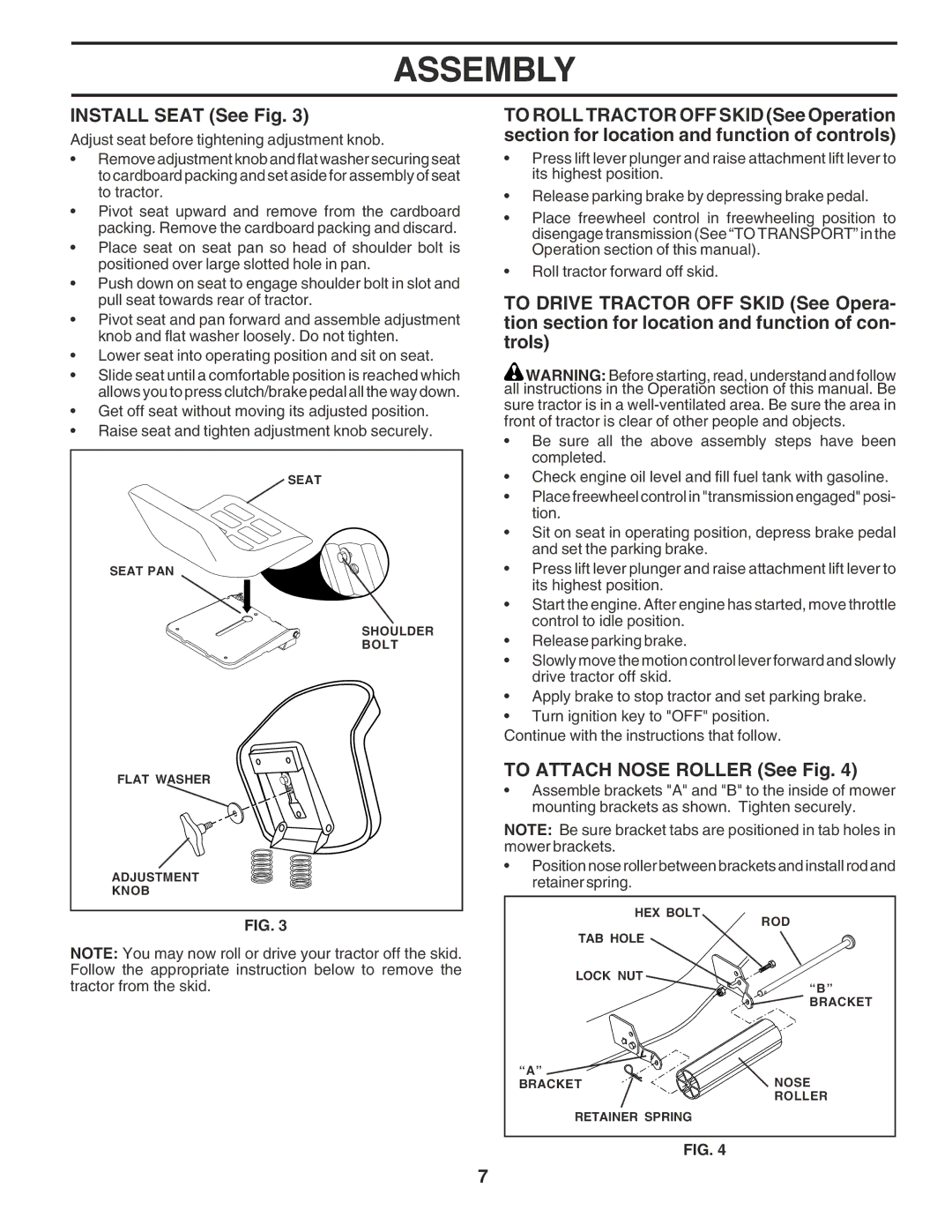 Husqvarna GTH2350 owner manual Install Seat See Fig, To Attach Nose Roller See Fig 