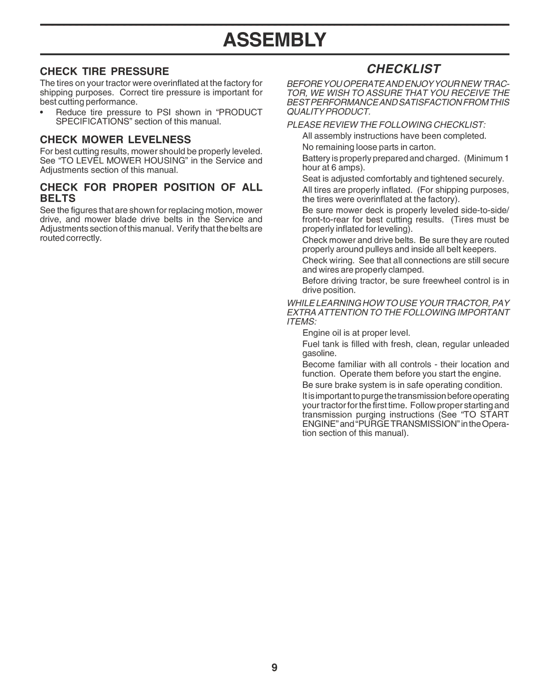 Husqvarna GTH2350 owner manual Check Tire Pressure, Check Mower Levelness, Check for Proper Position of ALL Belts 