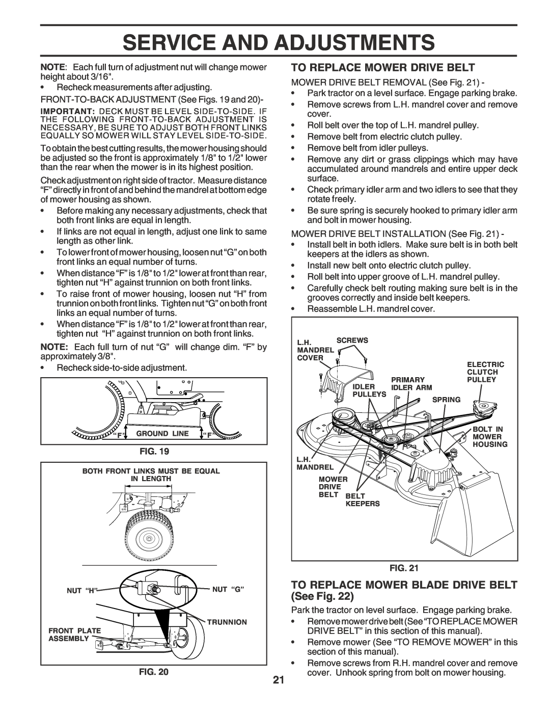 Husqvarna GTH2350 Service And Adjustments, To Replace Mower Drive Belt, TO REPLACE MOWER BLADE DRIVE BELT See Fig 