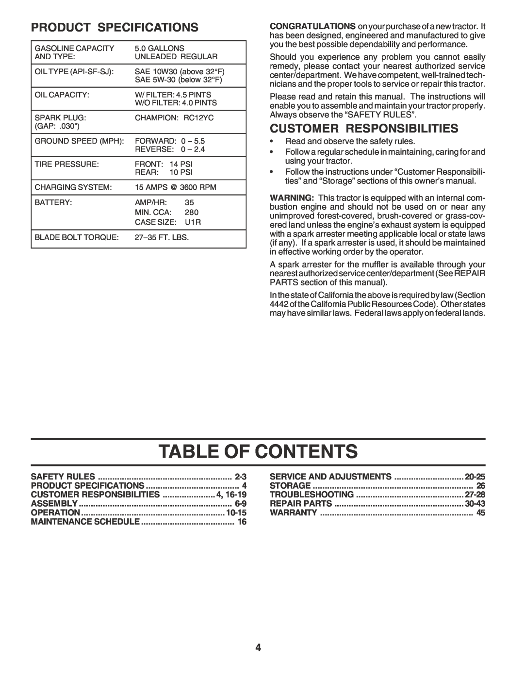 Husqvarna GTH2350 owner manual Table Of Contents, Product Specifications, Customer Responsibilities 