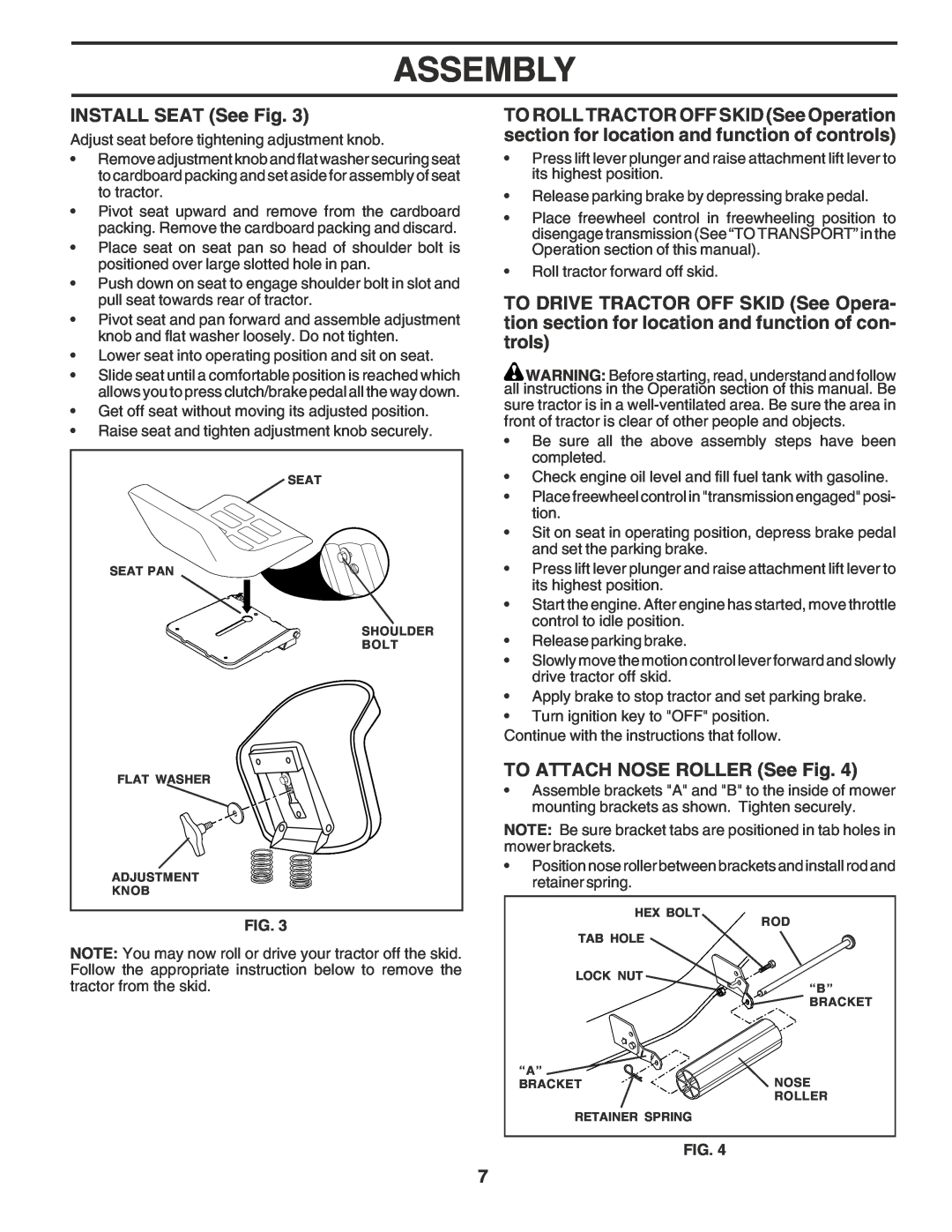 Husqvarna GTH2350 owner manual INSTALL SEAT See Fig, TO ATTACH NOSE ROLLER See Fig, Assembly 
