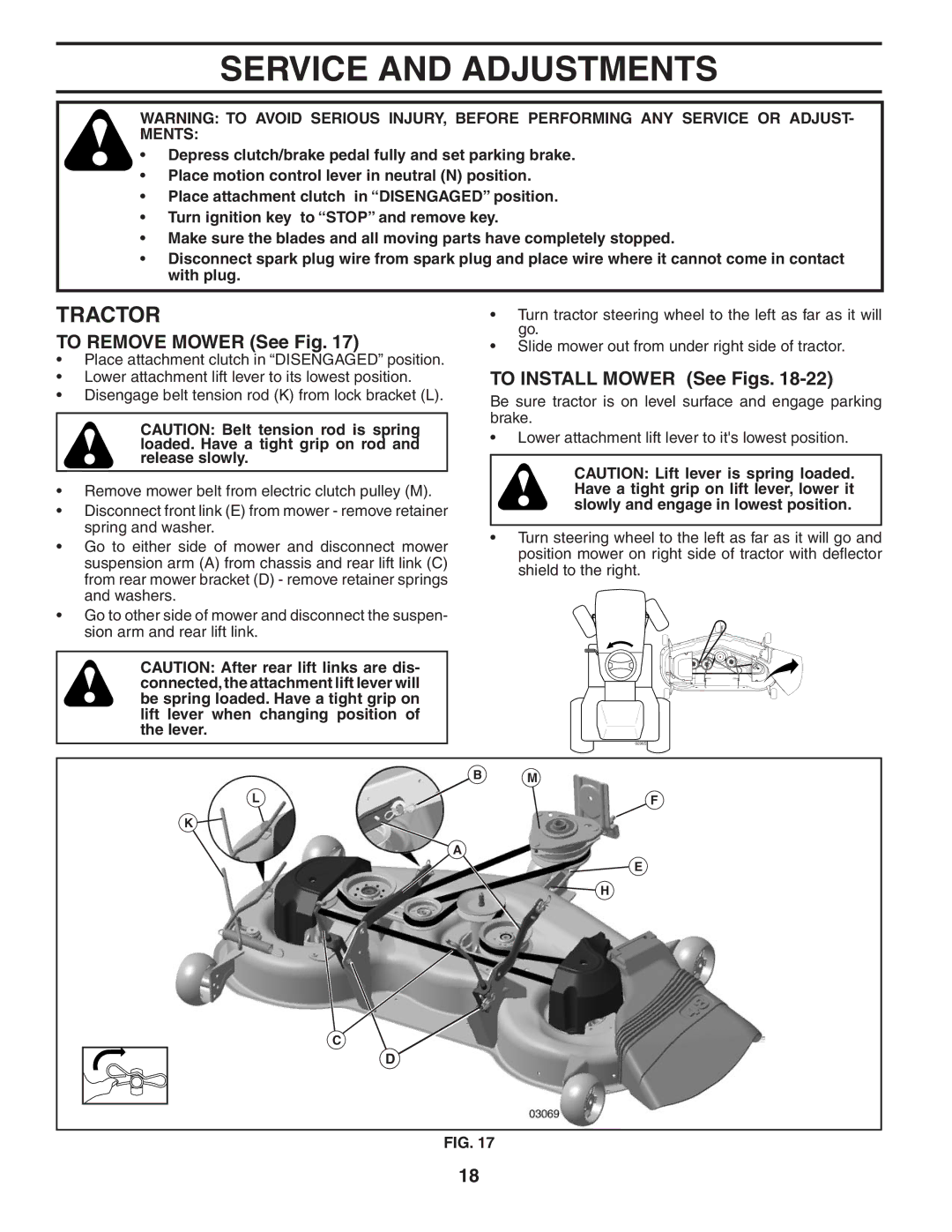 Husqvarna GTH2448T owner manual Service and Adjustments, To Remove Mower See Fig, To Install Mower See Figs 