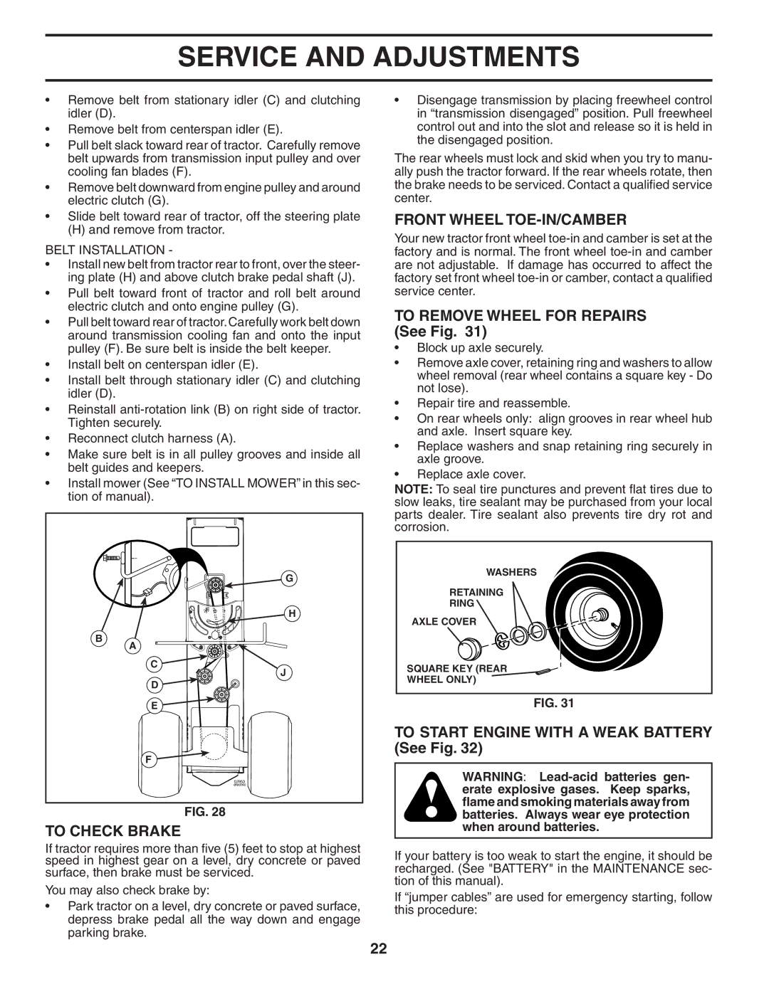 Husqvarna GTH2448T To Check Brake, Front Wheel TOE-IN/CAMBER, To Remove Wheel for Repairs See Fig, Belt Installation 