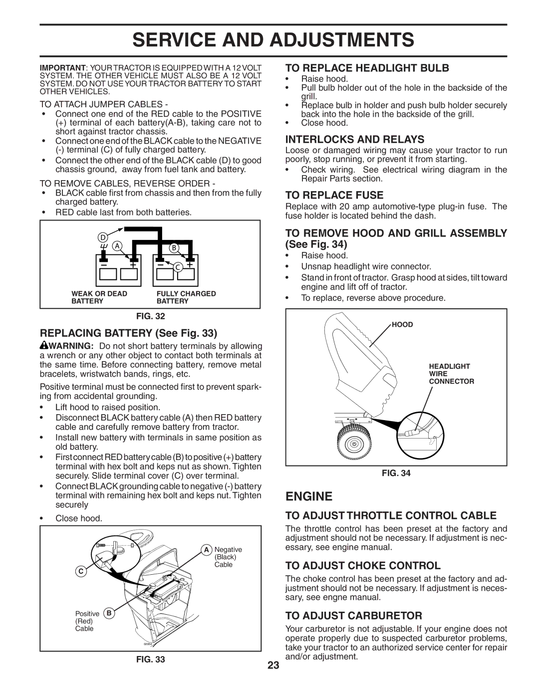 Husqvarna GTH2448T To Replace Headlight Bulb, Interlocks and Relays, To Replace Fuse, To Adjust Throttle Control Cable 