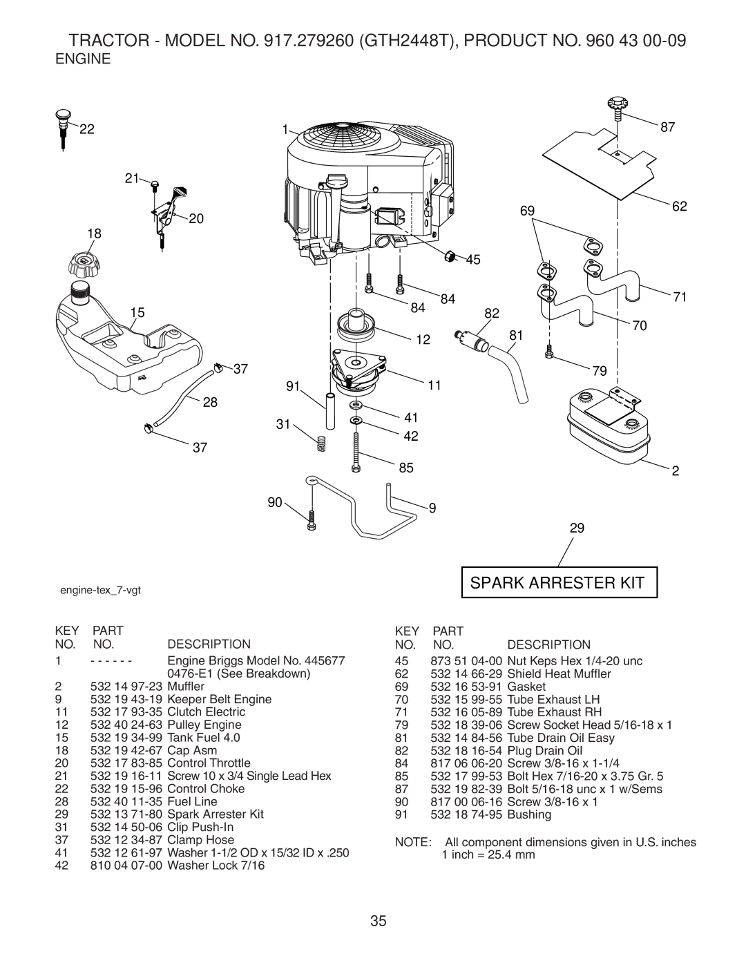 Husqvarna GTH2448T owner manual Spark Arrester KIT, Engine 