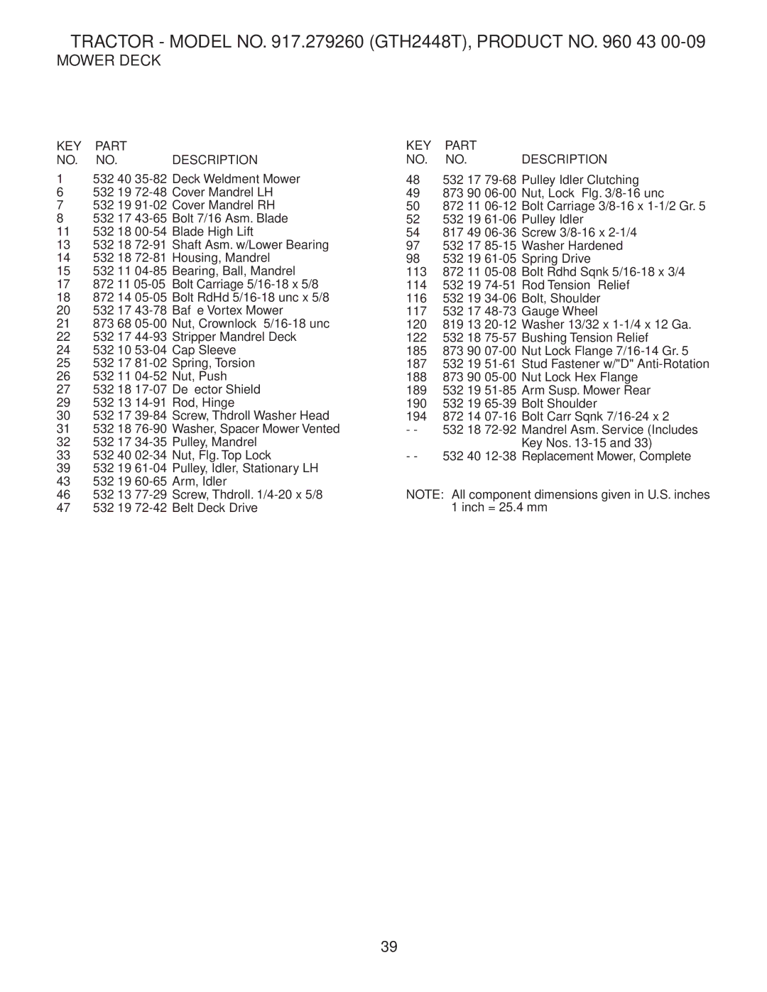 Husqvarna owner manual Tractor Model no .279260 GTH2448T, Product no 43 