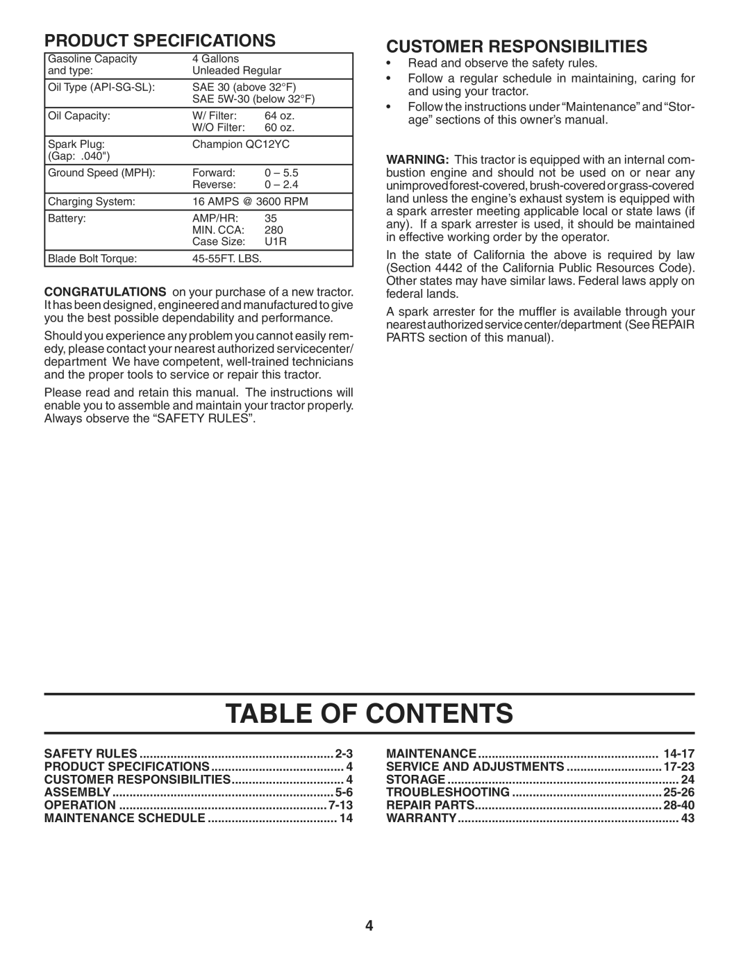 Husqvarna GTH2448T owner manual Table of Contents 