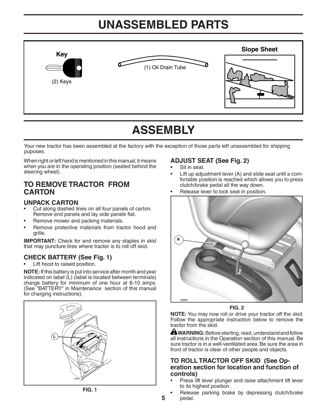 Husqvarna GTH2448T owner manual Unassembled Parts, Assembly, To Remove Tractor from Carton, Unpack Carton 