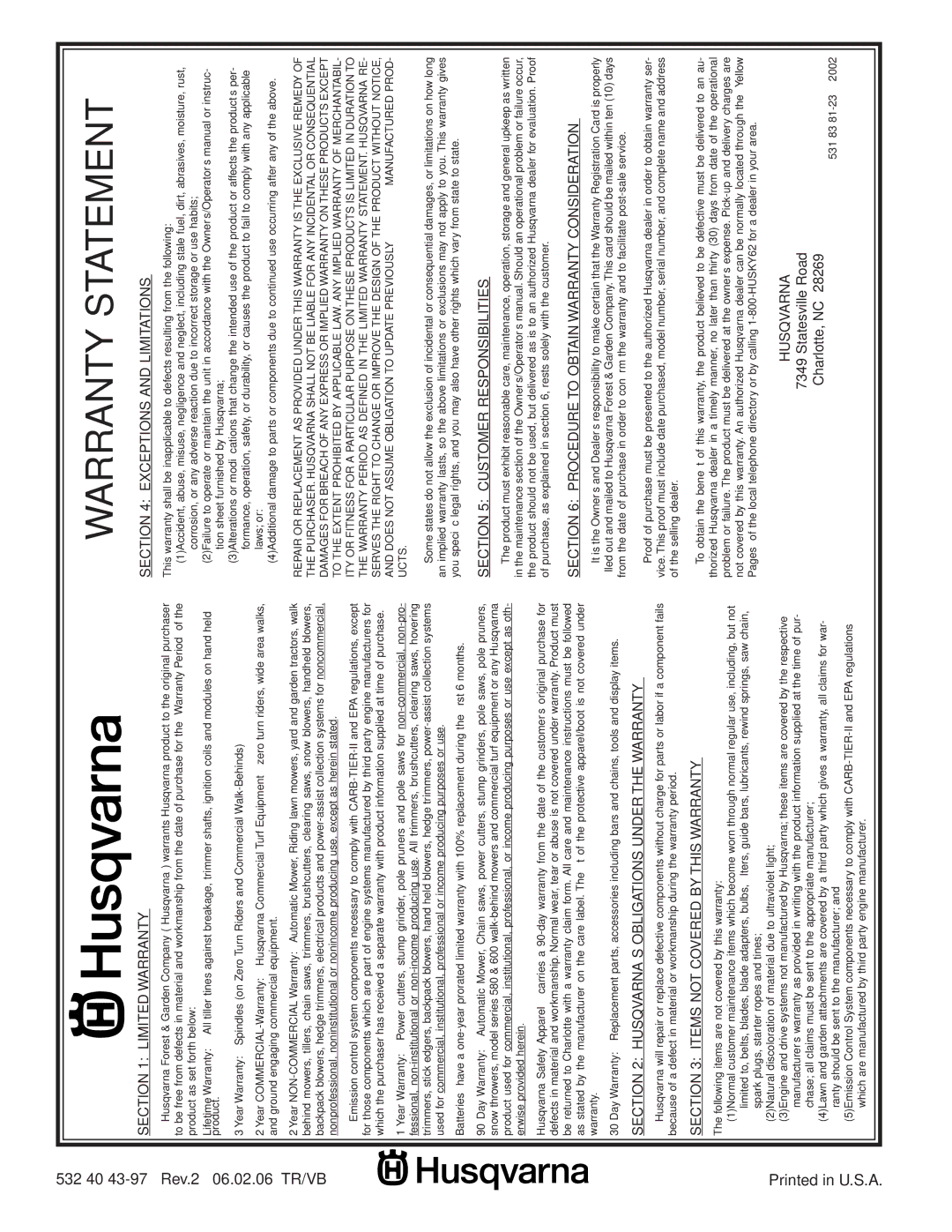 Husqvarna GTH2448T owner manual Warranty Statement 