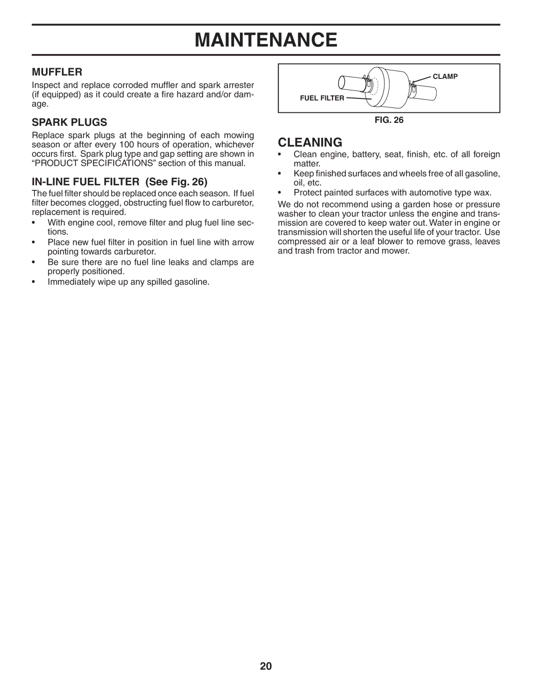 Husqvarna GTH2454T owner manual Cleaning, Muffler, Spark Plugs, IN-LINE Fuel Filter See Fig 