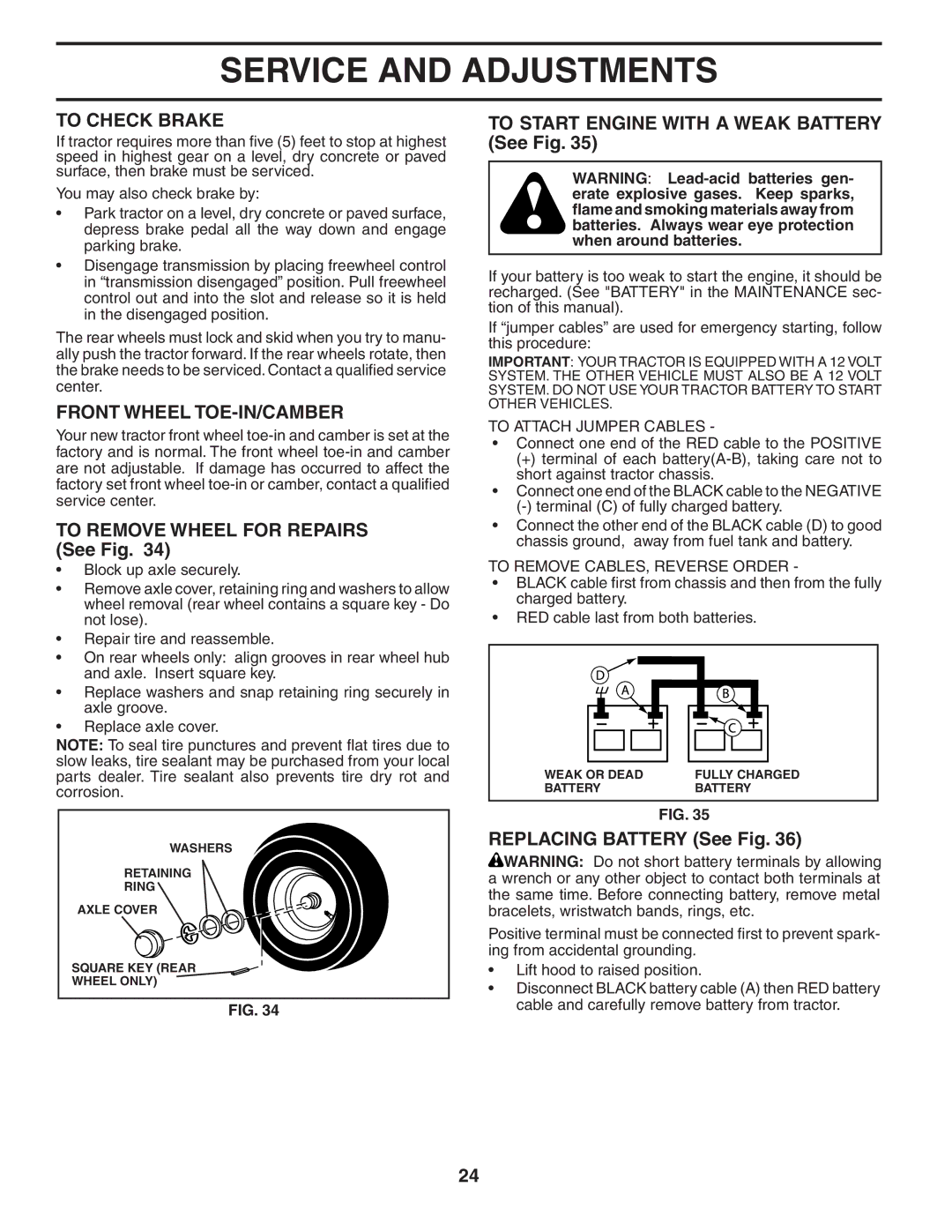 Husqvarna GTH2454T owner manual To Check Brake, Front Wheel TOE-IN/CAMBER, To Remove Wheel for Repairs See Fig 