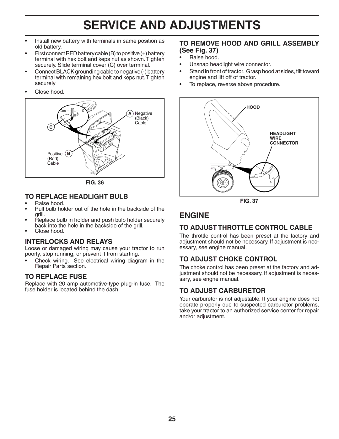 Husqvarna GTH2454T To Replace Headlight Bulb, Interlocks and Relays, To Replace Fuse, To Adjust Throttle Control Cable 