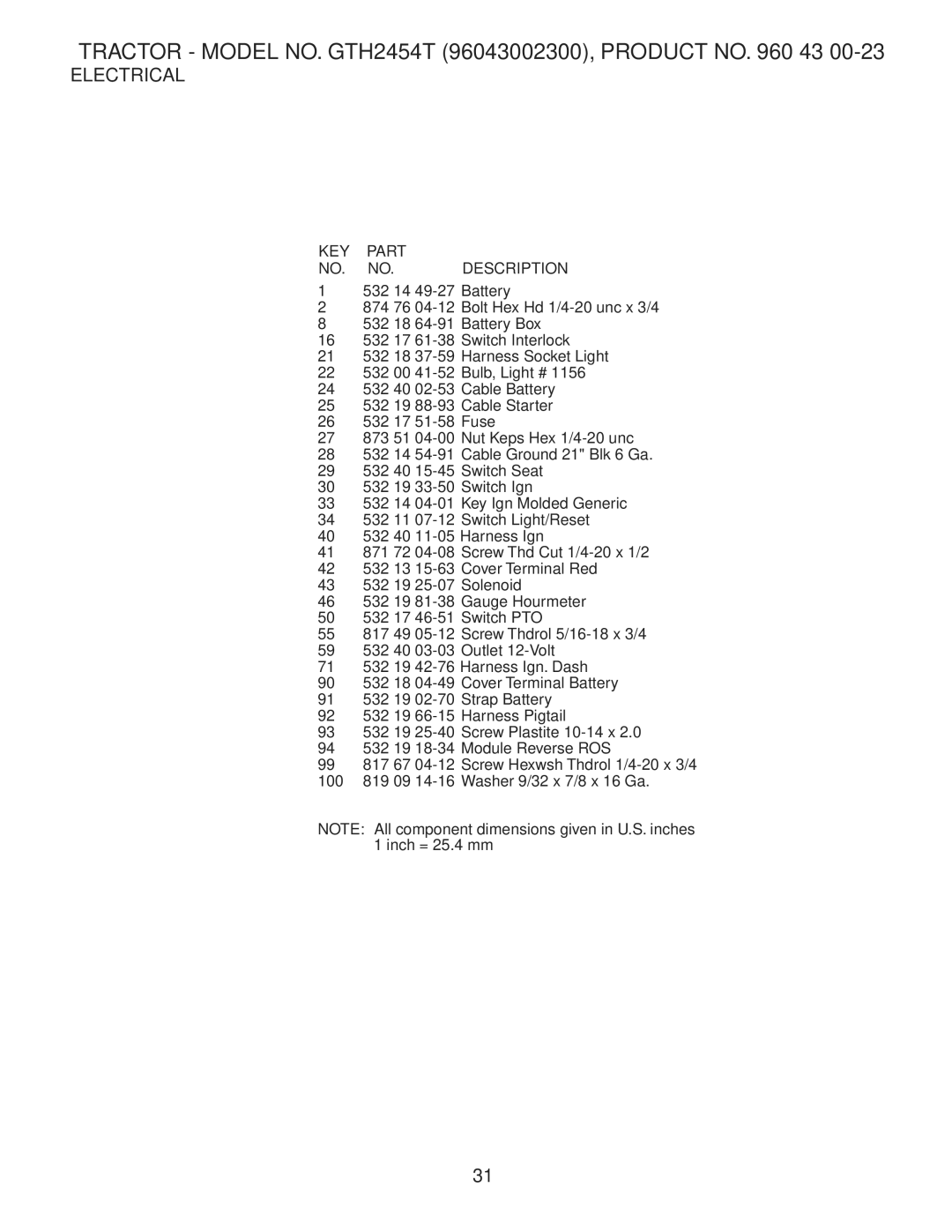 Husqvarna GTH2454T owner manual KEY Part NO. NO. Description 