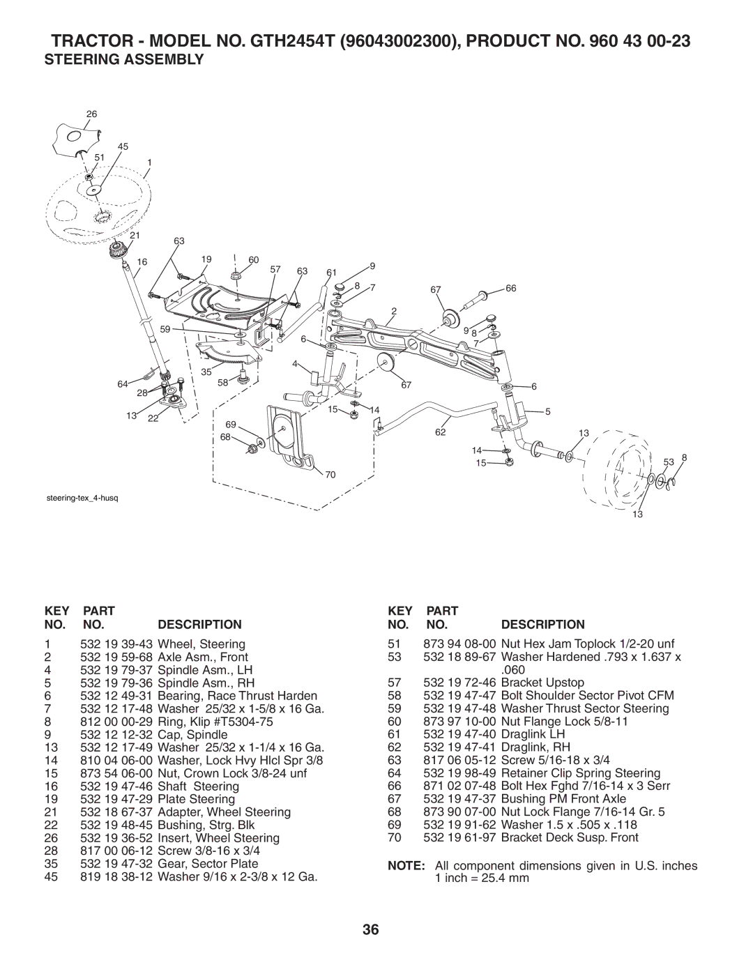 Husqvarna GTH2454T owner manual Steering Assembly, KEY Part Description 